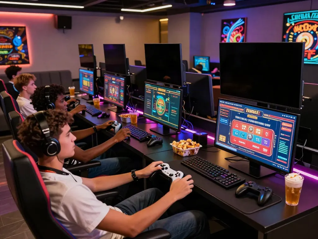 Engaging online casino not on gamstop gaming scene with players enjoying games in a modern lounge.
