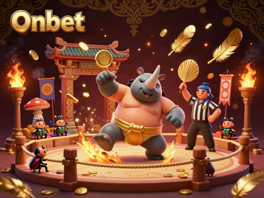 Engage with thrilling Onbet gaming as a beetle sumo champion sends coins flying amidst an exotic backdrop.