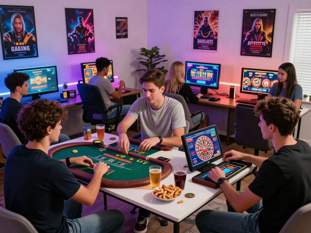 Players enjoying online casino not on gamstop in a lively home game night.