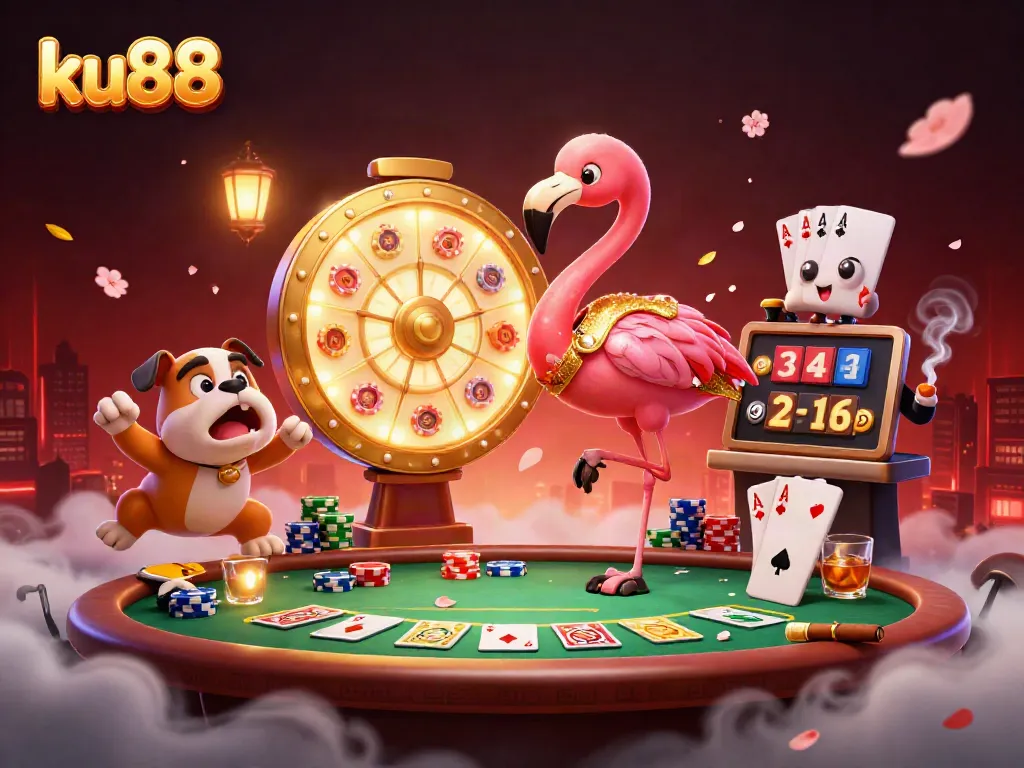 Experience the excitement of ku88 with a dynamic game show scene featuring thrilling poker elements and colorful characters.