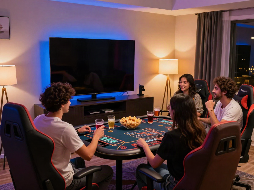 Friends enjoying an online casino not on Gamstop in a stylish gaming room.