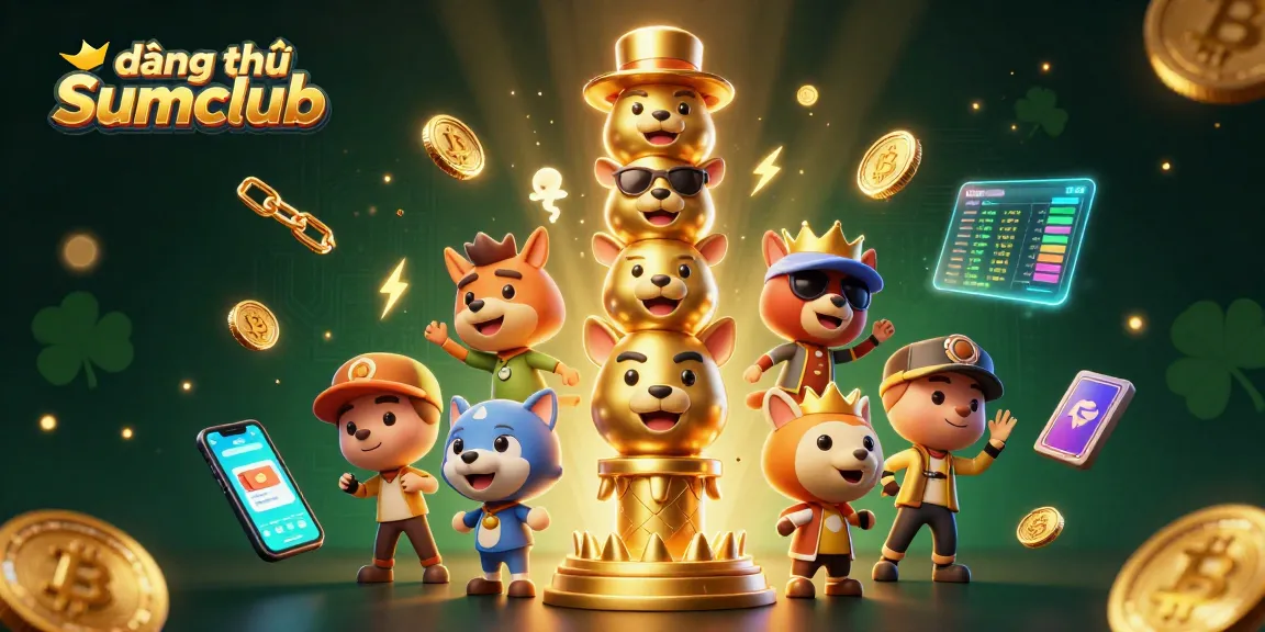 Play and register at Sumclub with a colorful 3D casino scene featuring totem and crypto coins.
