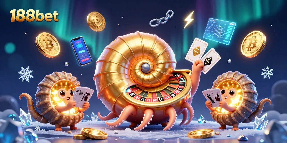 Bet on 188bet with a vibrant 3D casino scene, featuring a golden roulette wheel and glowing crypto elements.