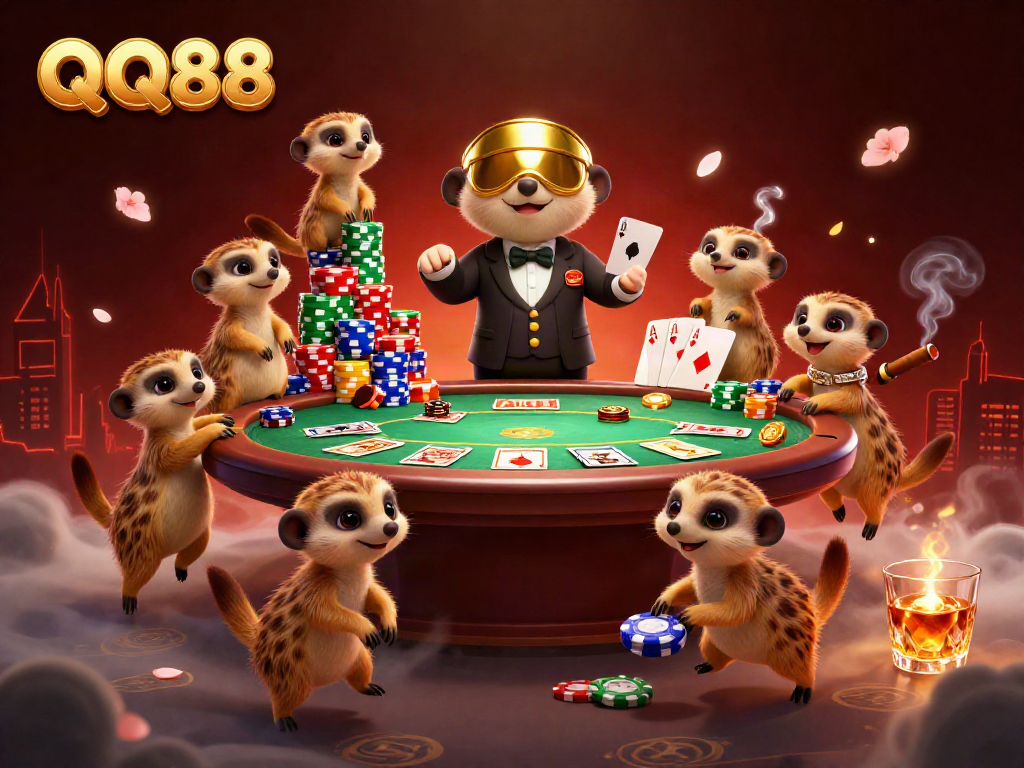 QQ88 meerkats run a vibrant casino scene with poker tables and colorful chips.