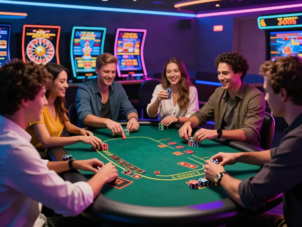 Group of diverse players engaging in a thrilling game at an online casino not on GamStop, surrounded by neon lights and digital game screens.