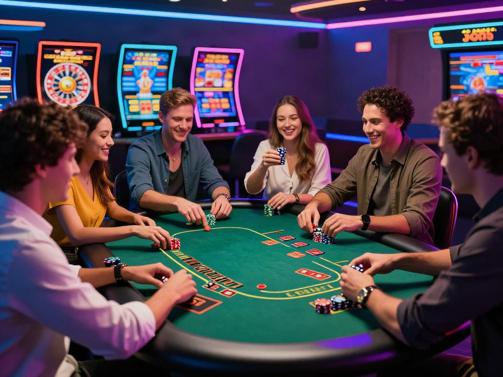 Group of diverse players engaging in a thrilling game at an online casino not on GamStop, surrounded by neon lights and digital game screens.
