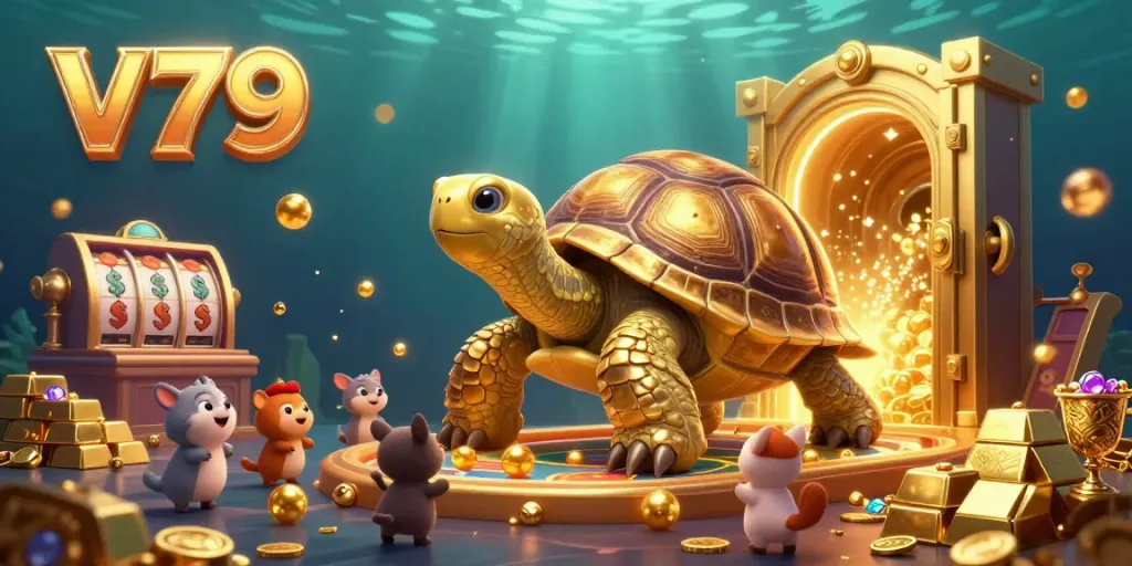 Experience thrilling action at v79 with a colossal golden tortoise pinball machine surrounded by gleeful small animals, gold treasures, and sparkling gems.