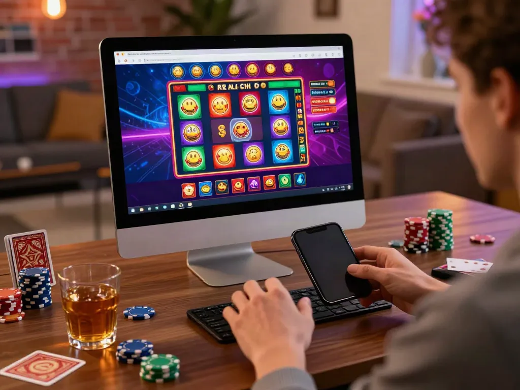 Dynamic online casino setup showing user engaging with an online casino not on gamstop, vibrant graphics, and casino chips.