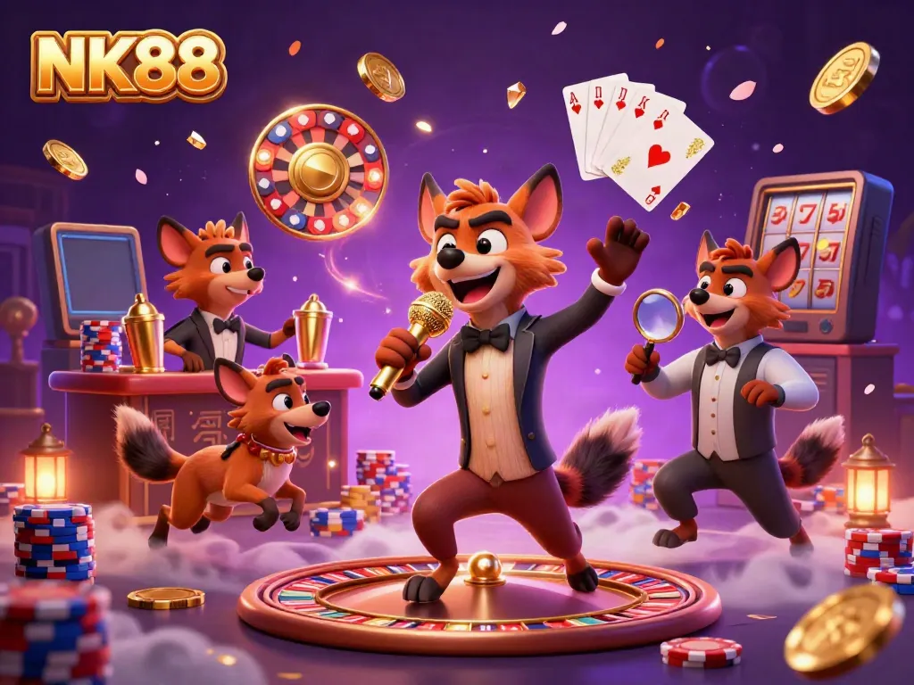 Hydrated hyenas featuring NK88 mix laughs and drinks in a vibrant casino setting.