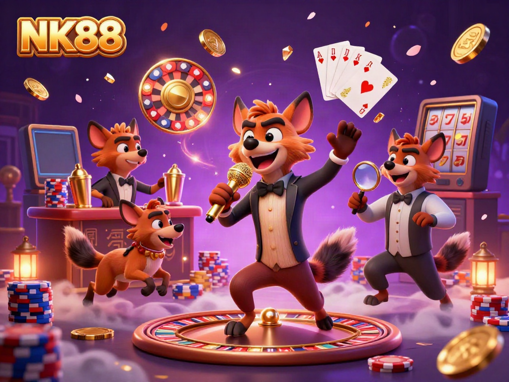 Hydrated hyenas featuring NK88 mix laughs and drinks in a vibrant casino setting.