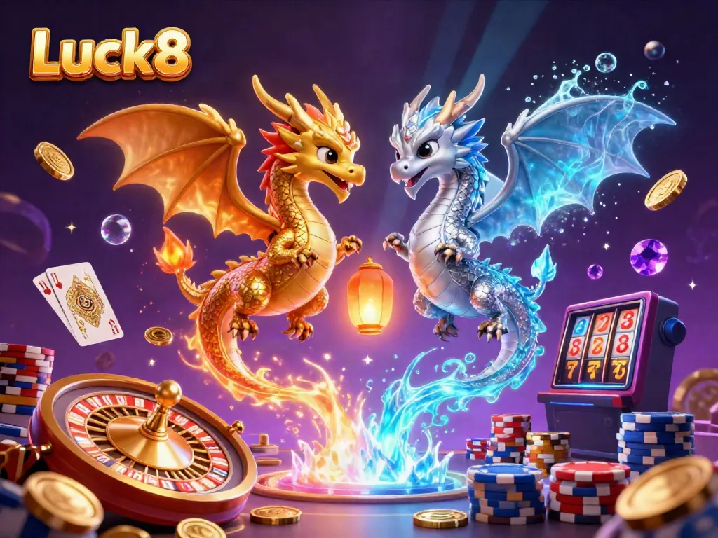 Luck8 showcases an enchanting scene with twin dragons, golden coins, and vibrant casino elements displaying action and excitement.