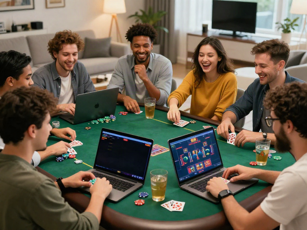 Friends enjoying an online casino not on GamStop in a lively home setting.