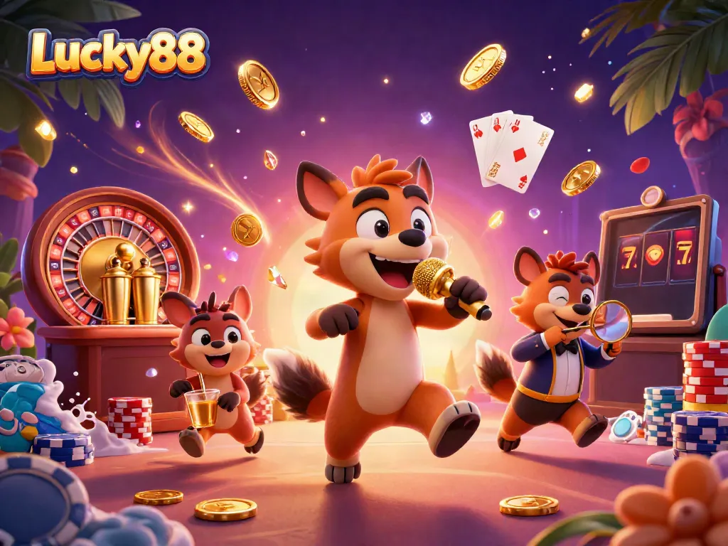 Experience the vibrant atmosphere of Lucky88 with animated hyenas in a lively casino setting.