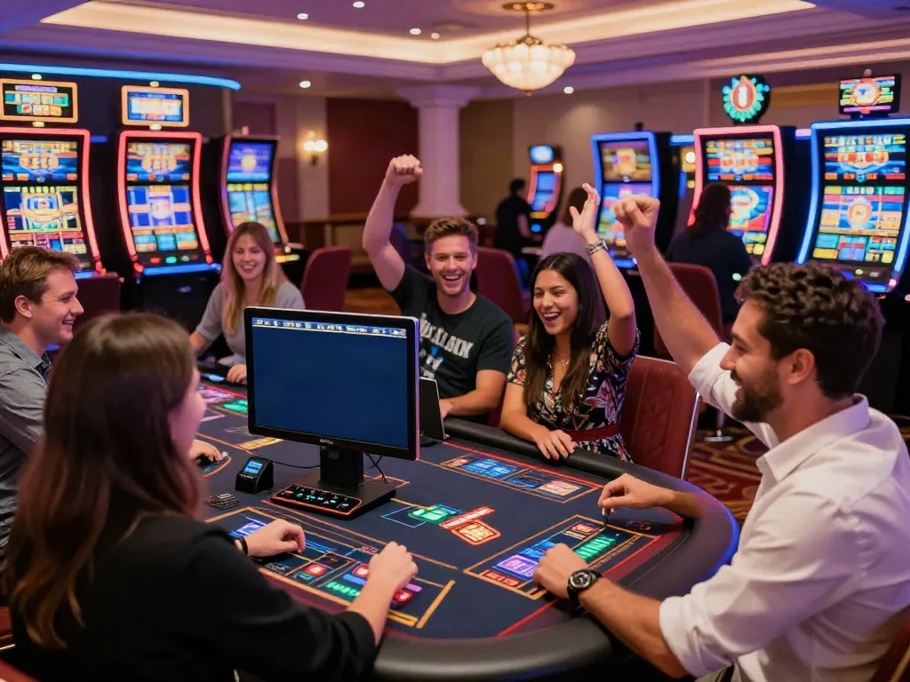 Players enjoying the excitement of an online casino not on Gamstop with vibrant lights.