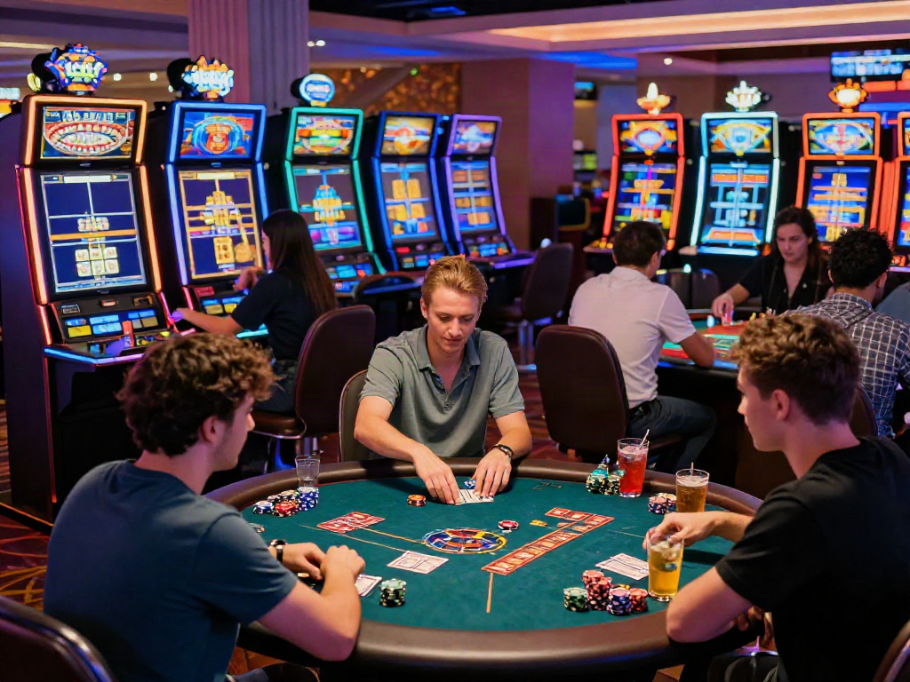 Players enjoying an online casino not on Gamstop with vibrant gaming machines and lively atmosphere.
