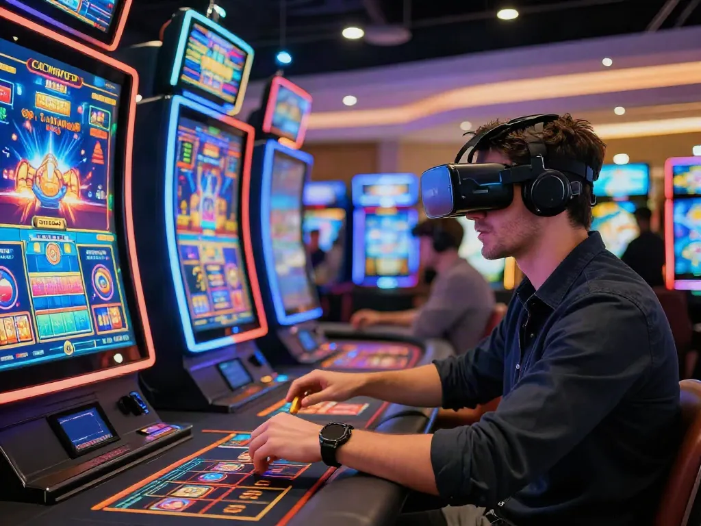 Exciting online casino experience featuring a player engaging with virtual reality games, perfect for online casino not on gamstop.