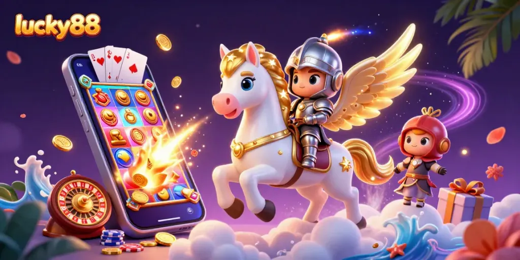 Engage in the excitement of lucky88 with a vibrant 3D illustration of a celestial horse and animated casino elements.
