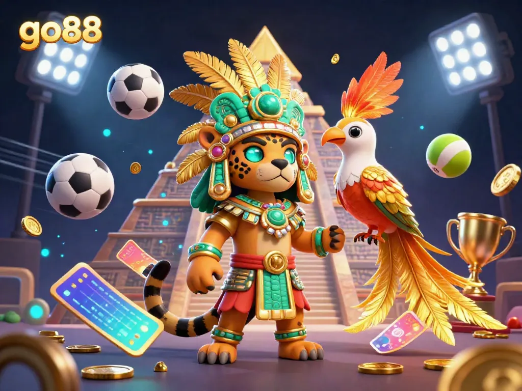 Experience the thrilling games at go88 with an energetic scene featuring a Mayan jaguar priest, a quetzal bird, and sports elements.
