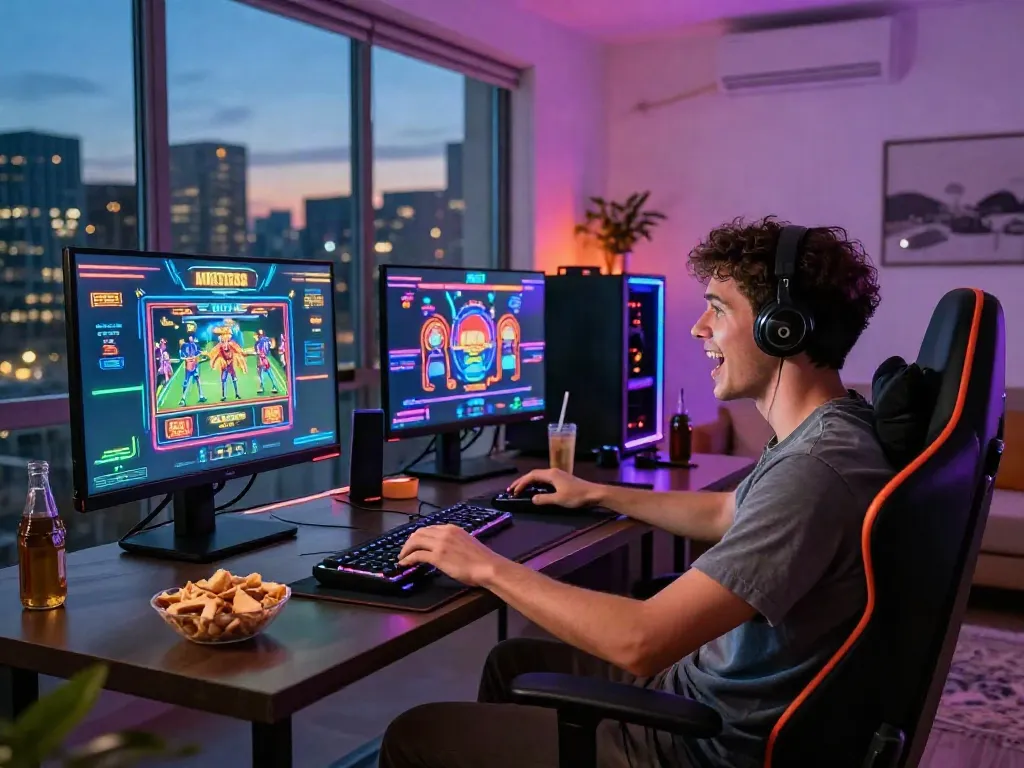 Engaged player at home enjoying an online casino not on gamstop with colorful gaming setup.
