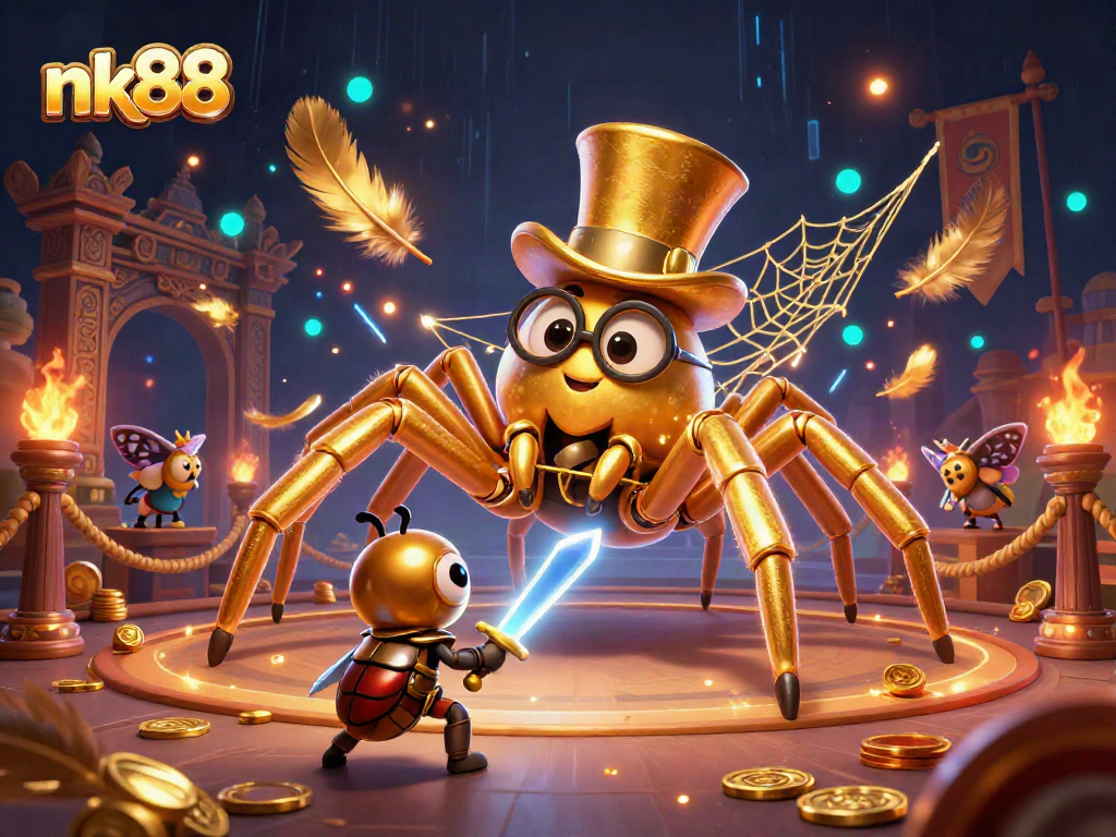 Experience the excitement of nk88 with a vibrant 3D casino-themed illustration showing a golden tarantula and beetle knight.