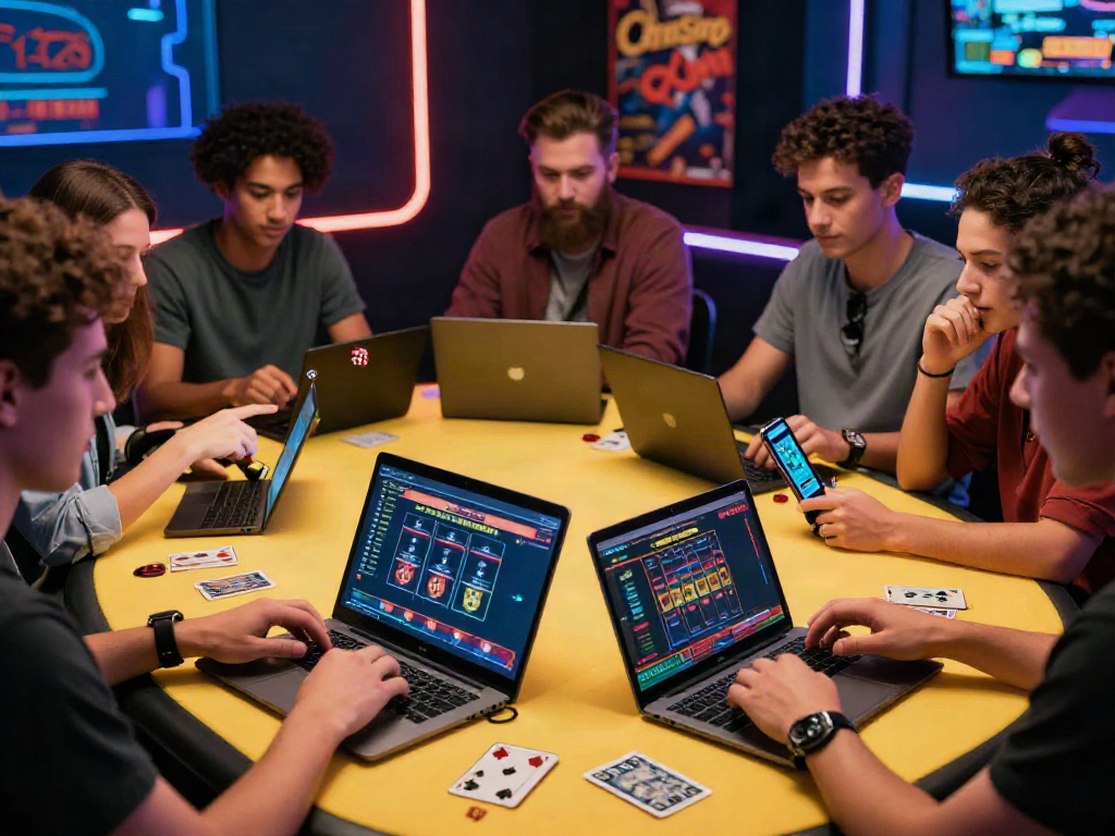 Friends enjoying games at an online casino not on Gamstop, vibrant and engaging atmosphere.