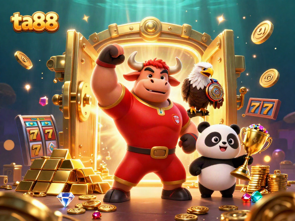 Experience thrilling wins at ta88 with a dynamic victory scene featuring a bull mascot and casino elements.