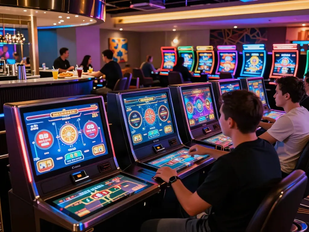 Dynamic online casino scene featuring players at gaming machines exploring options at casinos not on GamStop.