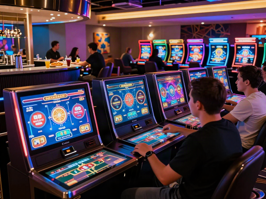 Dynamic online casino scene featuring players at gaming machines exploring options at casinos not on GamStop.