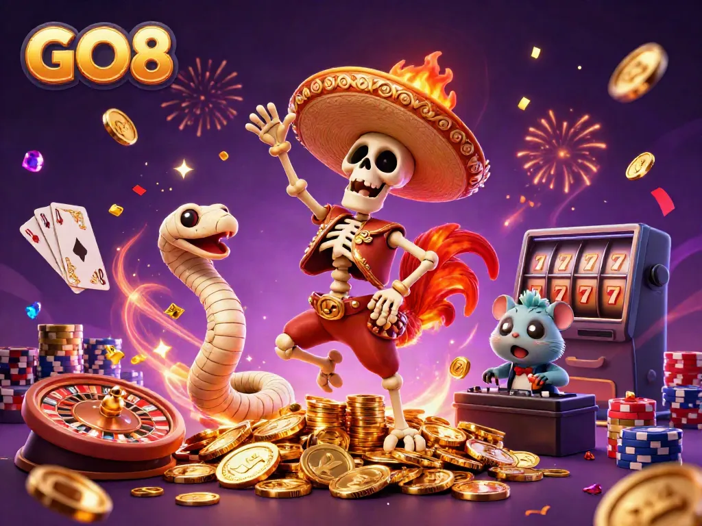 Experience the excitement of GO8 with a dynamic 3D illustration showcasing casino elements and vibrant characters.