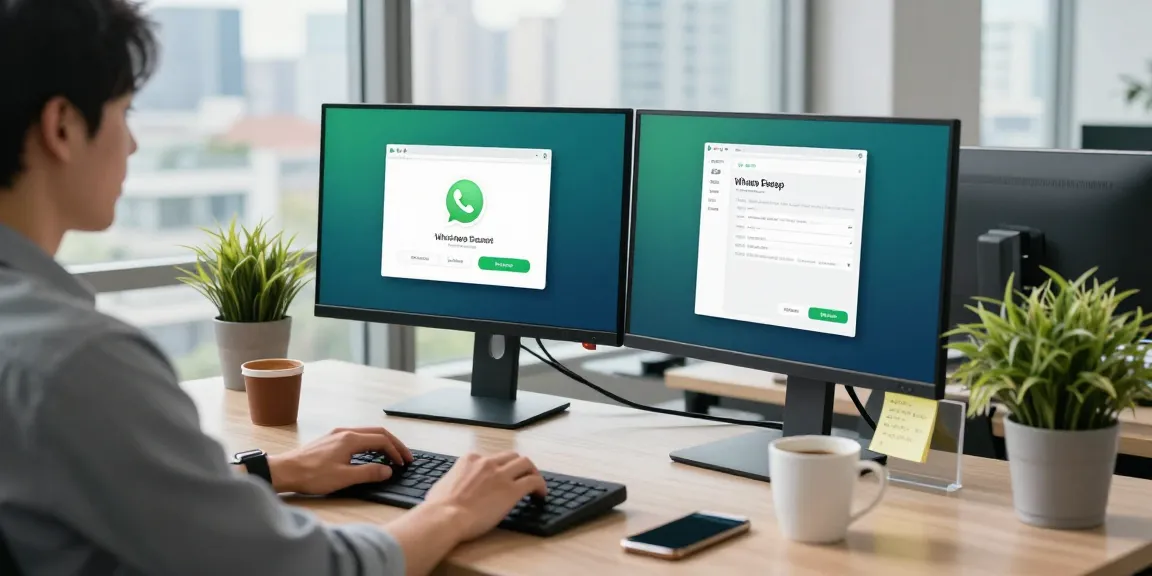 Engaged user working on WhatsApp電腦版 in a modern office workspace.