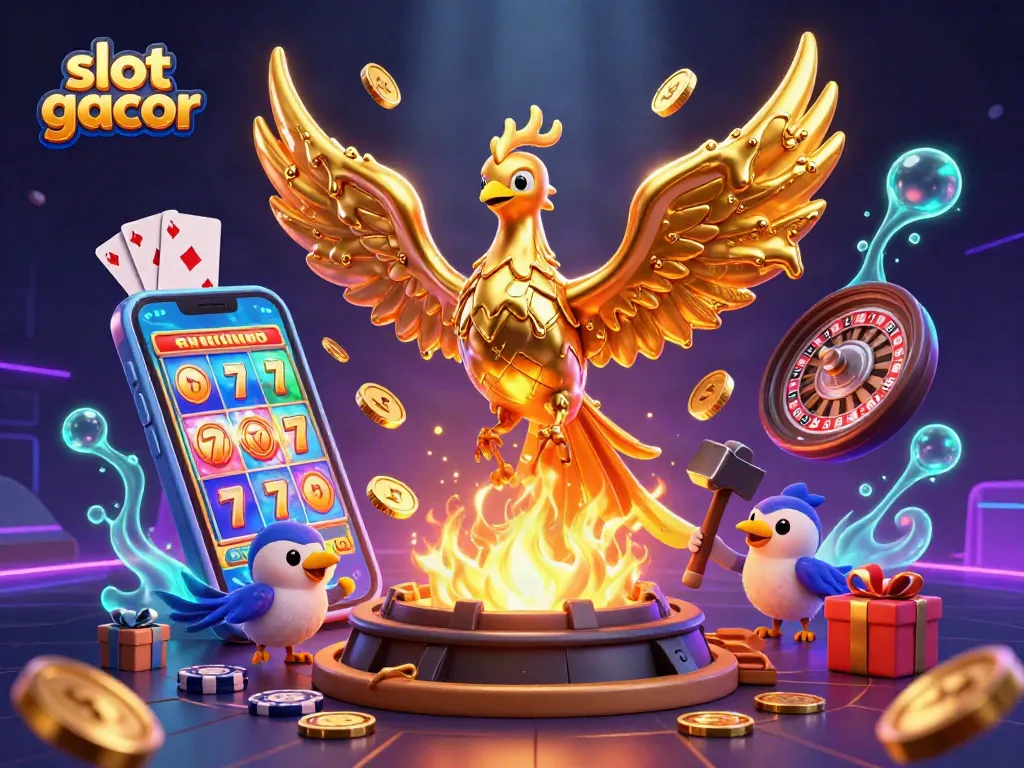 Experience thrilling slot gacor action with a golden phoenix and vibrant gaming elements in 3D.