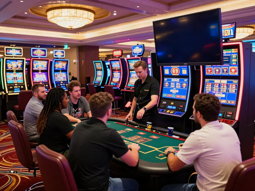 Players enjoying games at an online casino not on gamstop, surrounded by vibrant lights and excitement.