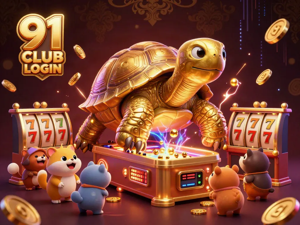 Engage with the 91 CLUB LOGIN experience featuring a golden tortoise and vibrant slots.