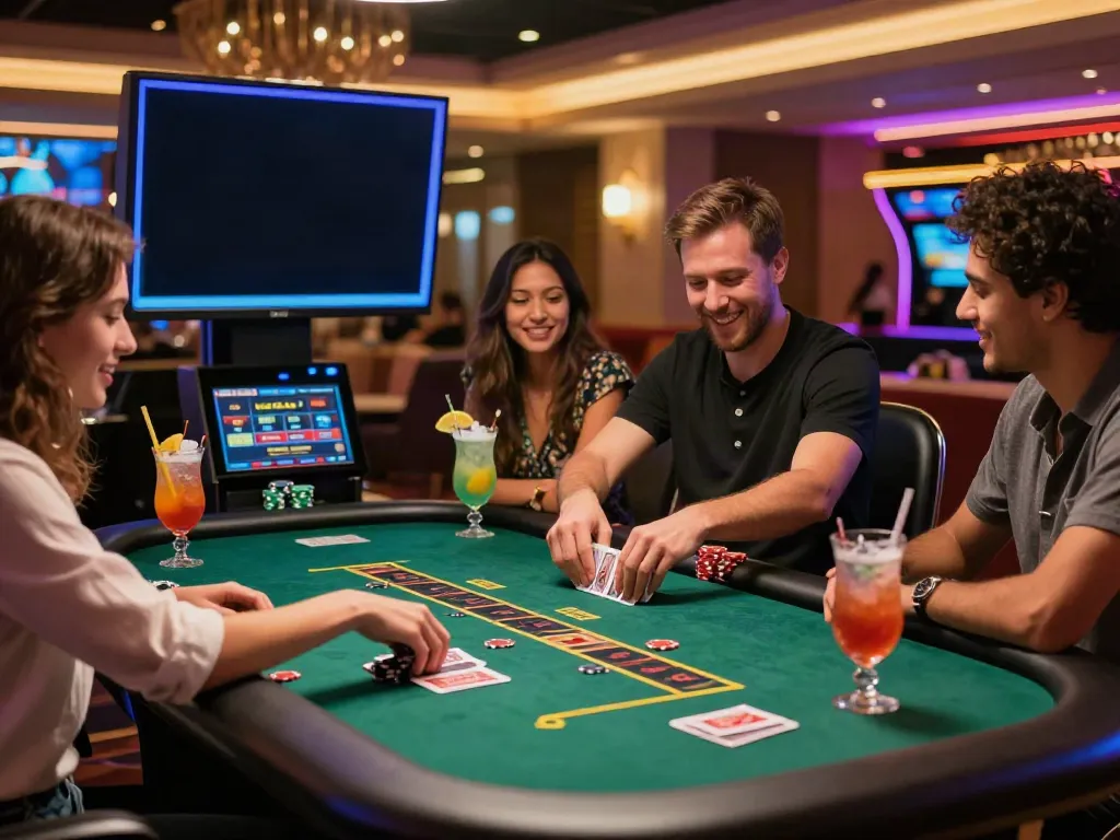 Exciting online casino scene showcasing friends enjoying games at a stylish table, emphasizing the online casino not on gamstop atmosphere.
