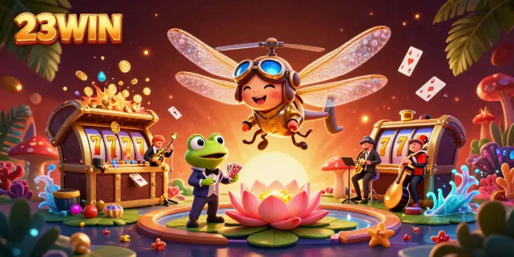 Play exciting games at 23WIN's vibrant lily pad casino with a frog dealer and dragonfly pilot.