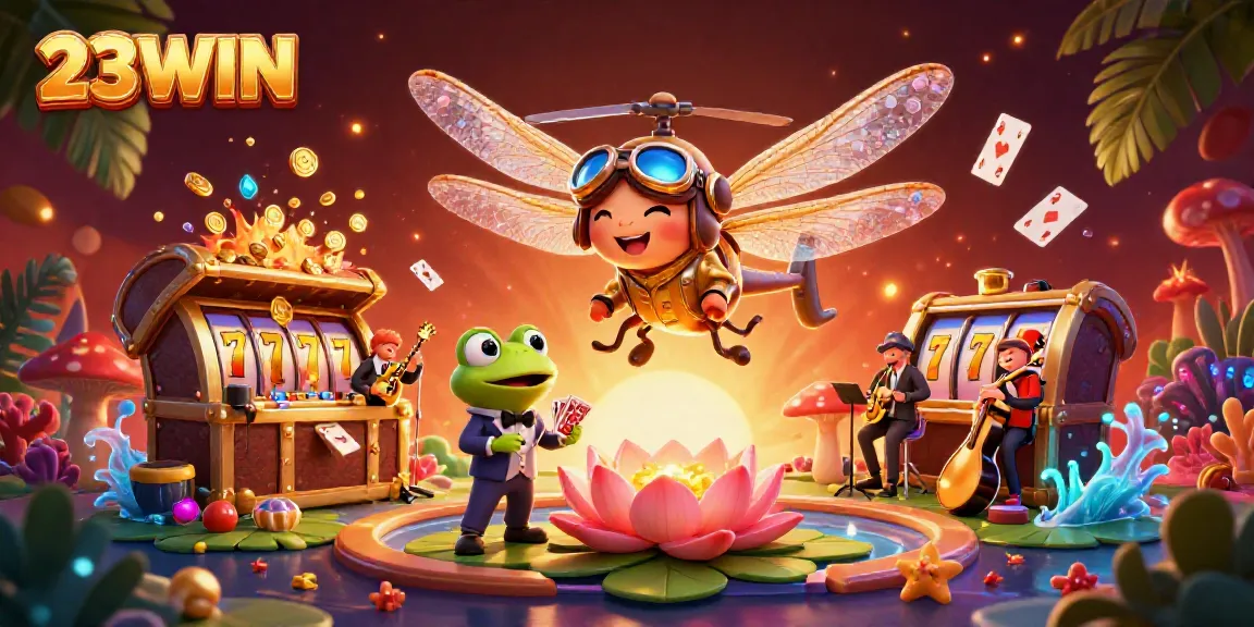 Play exciting games at 23WIN's vibrant lily pad casino with a frog dealer and dragonfly pilot.