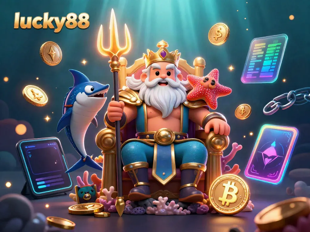Engage in thrilling lucky88 experiences with a vibrant underwater digital casino scene featuring Neptune.