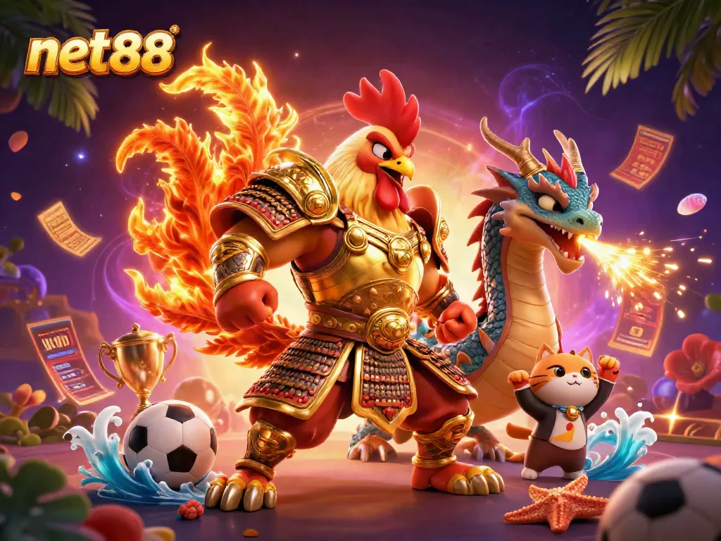 Cheer on net88's fighting rooster and dragon hatchling as they celebrate sports betting victories.