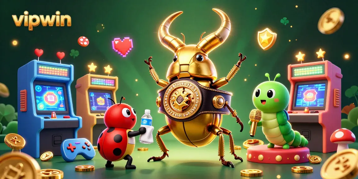 Engage in thrilling gaming at vipwin with a giant golden stag beetle champion and vibrant casino elements.