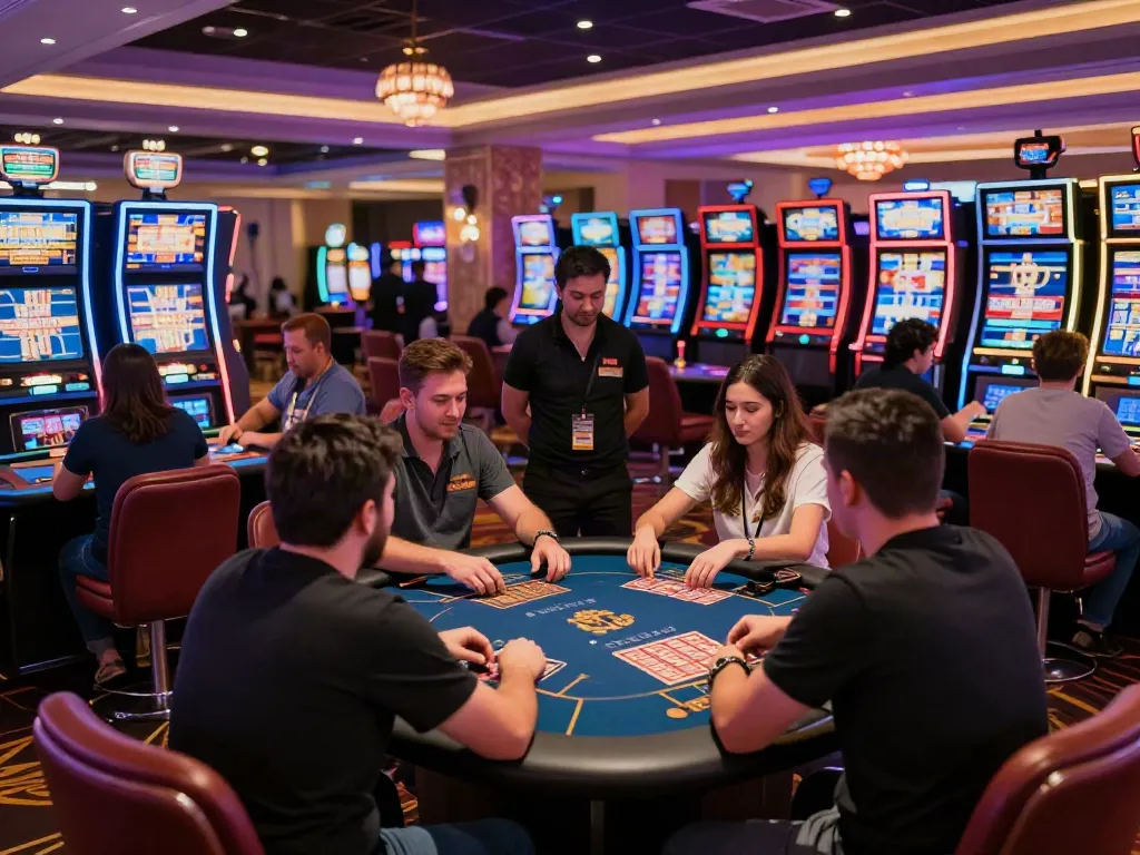 Engaging scene of players at an online casino not on gamstop with vibrant lights and friendly staff.