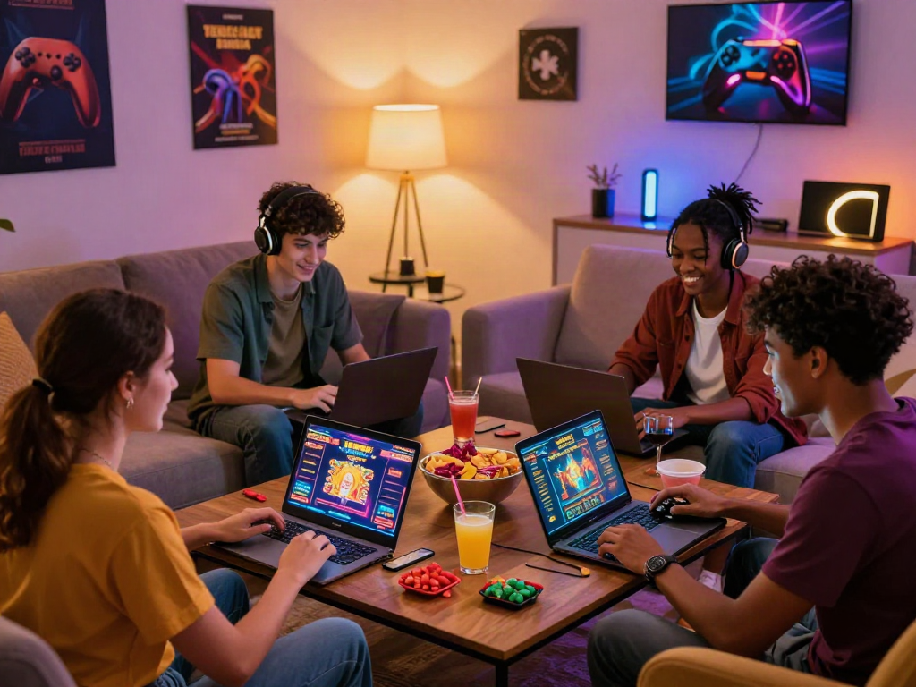 Friends enjoying an online casino not on Gamstop in a cozy living room.