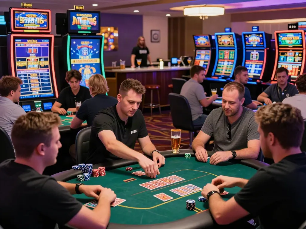 Players enjoying a lively online casino not on gamstop experience, engaging in games amidst vibrant atmosphere.