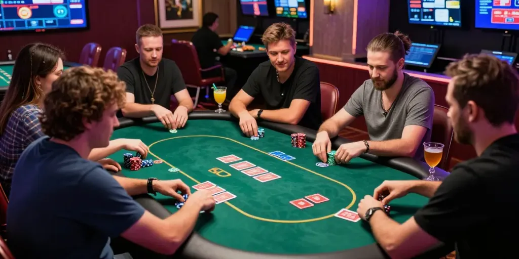 Engaged players enjoying a game at an online casino not on GamStop surrounded by vibrant lights and decor.