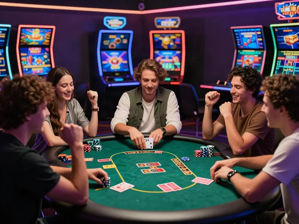 Friends enjoying a lively poker game in an online casino not on Gamstop, highlighting vibrant atmosphere and excitement.