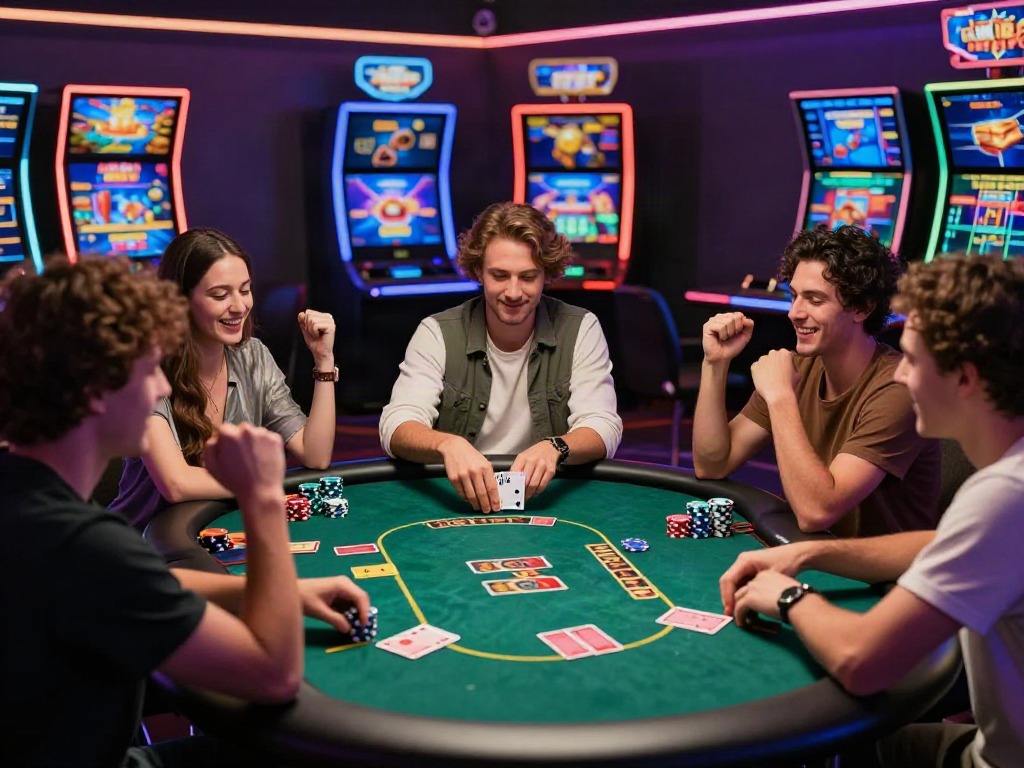 Friends enjoying a lively poker game in an online casino not on Gamstop, highlighting vibrant atmosphere and excitement.