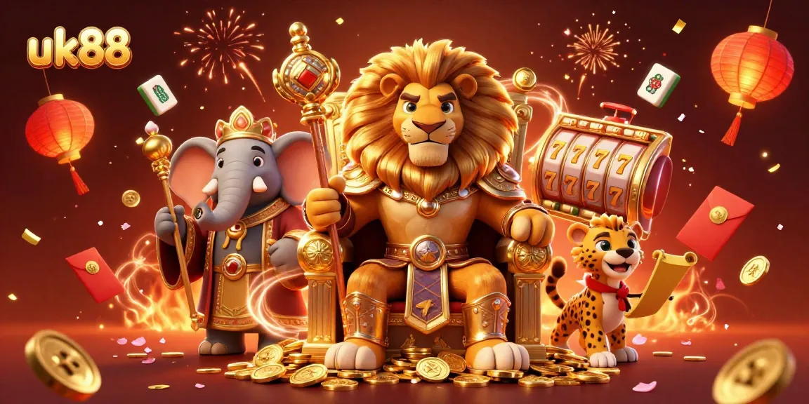 Experience excitement with uk88's vibrant casino scene featuring a lion king on a throne.