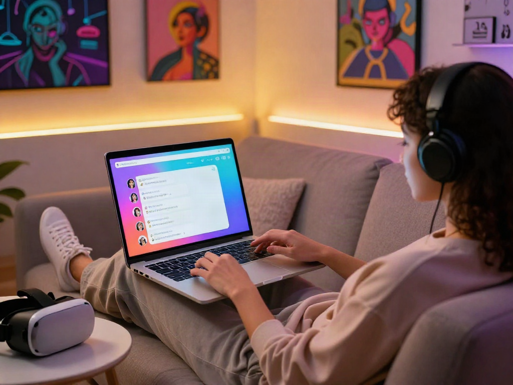 Engaging NSFW AI chat scene with user on modern laptop in cozy environment