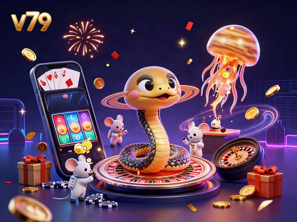 Betting on the v79 casino experience with a cosmic roulette wheel and animated characters.