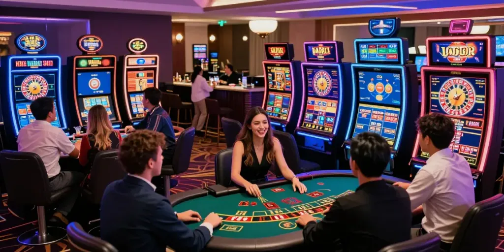 Players enjoying games at an online casino not on GamStop, celebrating wins in a lively environment.
