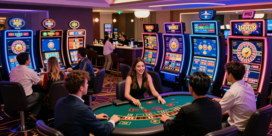 Players enjoying games at an online casino not on GamStop, celebrating wins in a lively environment.